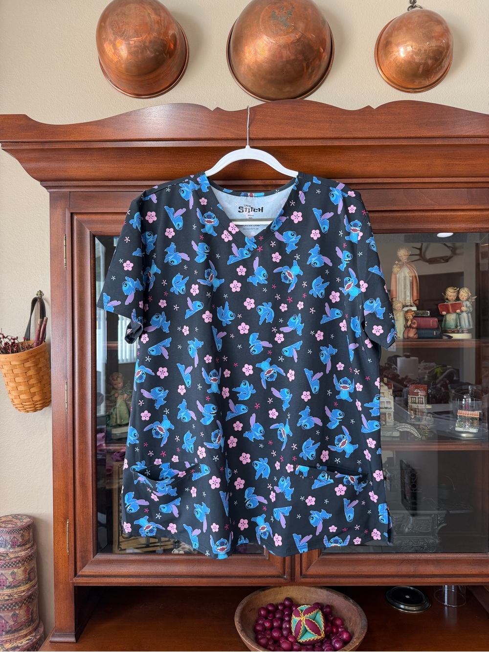 Disney Black Scrub Top with Blue & Pink Stitch Print